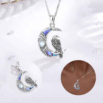 Exquisite sterling silver Moonstone Raven Moon Necklace, 19x31mm, with iridescent abalone inlay.