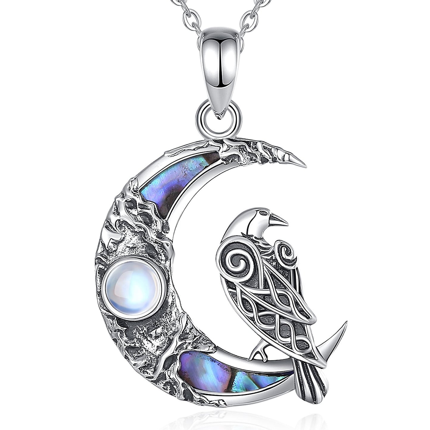 Sterling silver Moonstone Raven Moon Necklace, 19x31mm, with iridescent abalone shell accents.