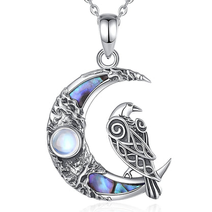 Sterling silver Moonstone Raven Moon Necklace, 19x31mm, with iridescent abalone shell accents.