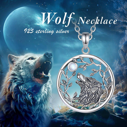 Enchanting sterling silver Moonstone Tree of Life Viking Wolf Necklace, 34.4mm pendant with howling wolf design.