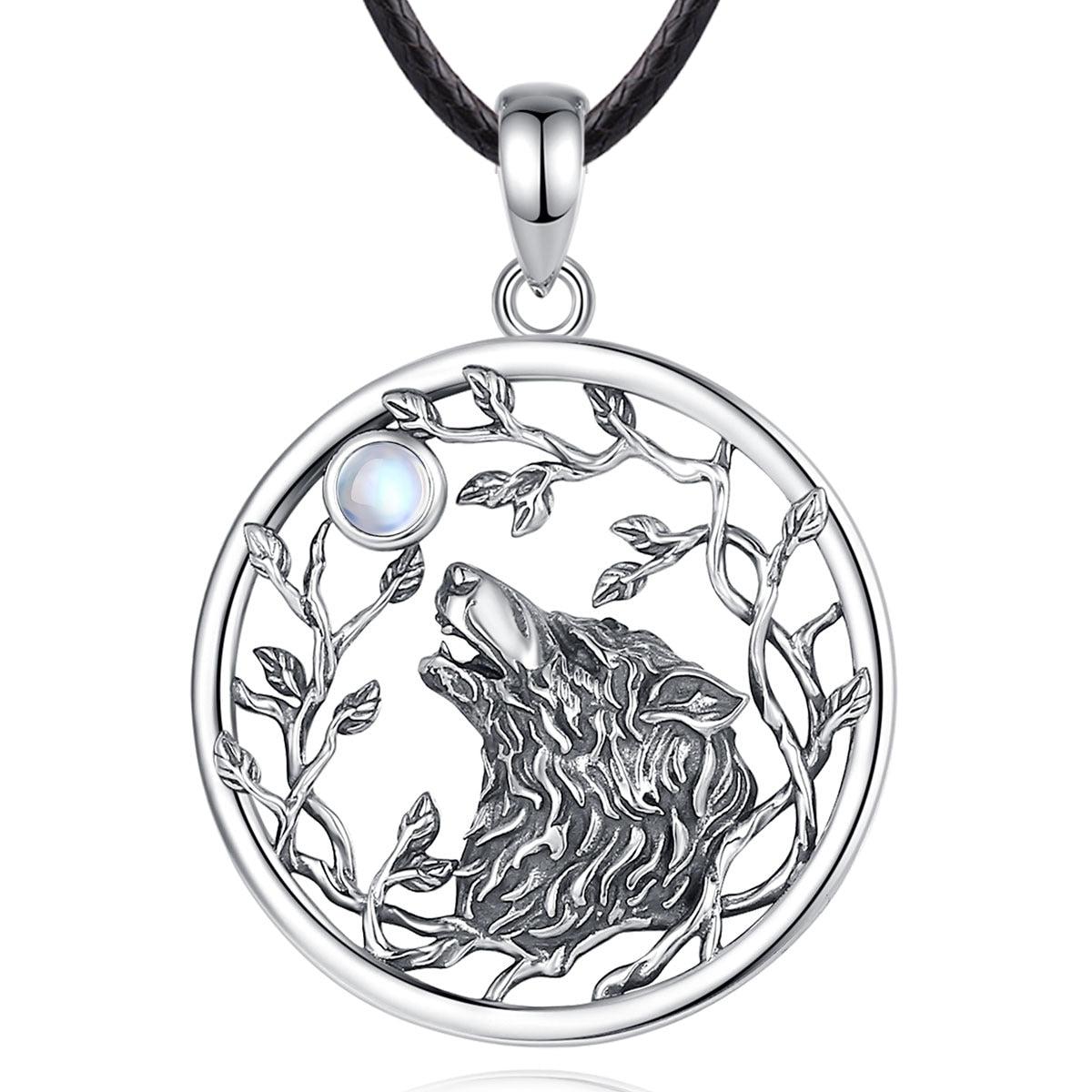 Exquisite sterling silver Moonstone Tree of Life Viking Wolf Necklace, 34.4mm pendant with howling wolf and moonstone.