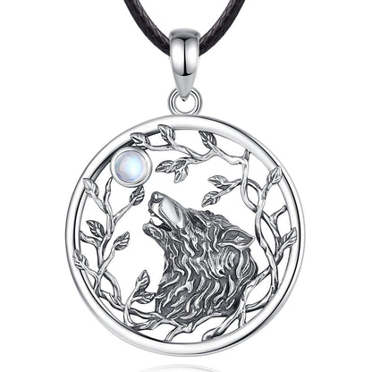 Exquisite sterling silver Moonstone Tree of Life Viking Wolf Necklace, 34.4mm pendant with howling wolf and moonstone.