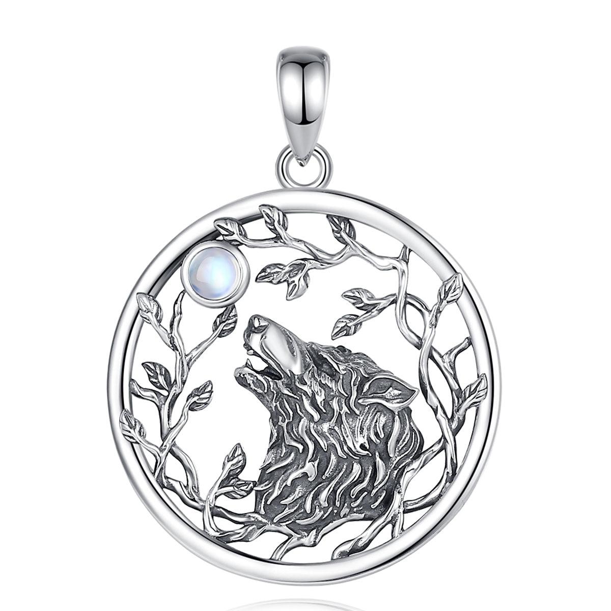 Exquisite sterling silver Moonstone Tree of Life Viking Wolf Necklace, 34.4mm pendant with howling wolf and moonstone.