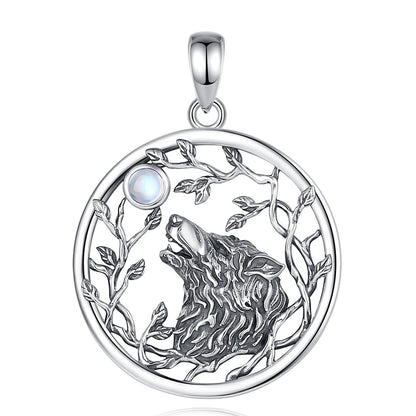 Exquisite sterling silver Moonstone Tree of Life Viking Wolf Necklace, 34.4mm pendant with howling wolf and moonstone.