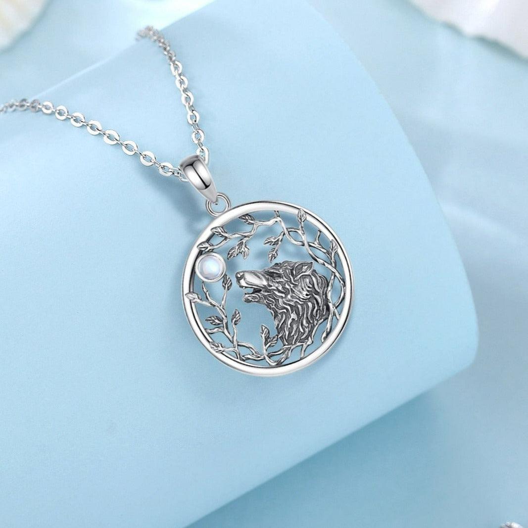 Exquisite sterling silver Moonstone Tree of Life Viking Wolf Necklace, 34.4mm pendant with a glowing moonstone.