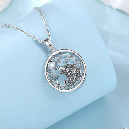Exquisite sterling silver Moonstone Tree of Life Viking Wolf Necklace, 34.4mm pendant with a glowing moonstone.