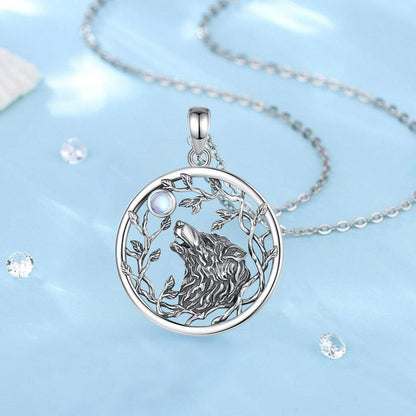 Exquisite sterling silver Moonstone Tree of Life Viking Wolf Necklace, 34.4mm pendant with shimmering moonstone.