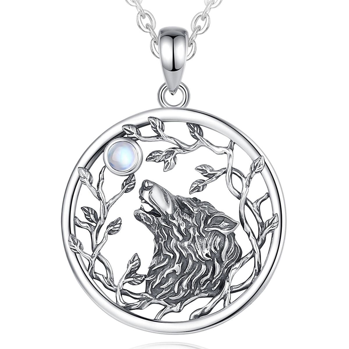 Exquisite sterling silver Moonstone Tree of Life Viking Wolf Necklace, 34.4x25.1mm pendant.
