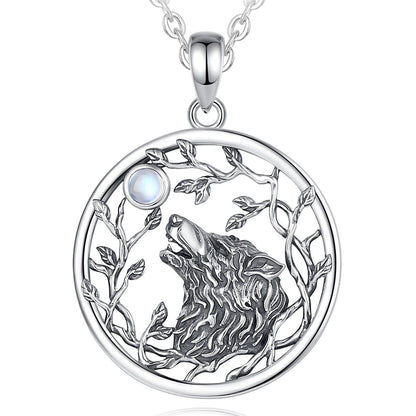 Exquisite sterling silver Moonstone Tree of Life Viking Wolf Necklace, 34.4x25.1mm pendant.