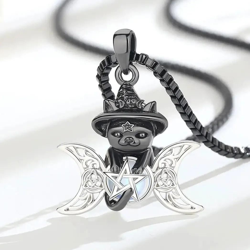 Moonstone Triple Moon Goddess & Pentagram Necklace – Black Cat Wicca Pagan Jewelry-MoonChildWorld