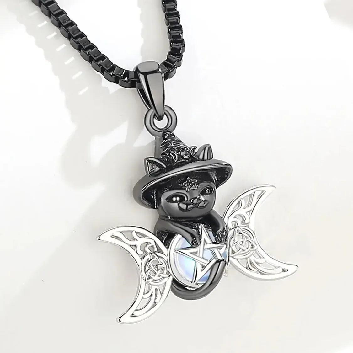 Moonstone Triple Moon Goddess & Pentagram Necklace – Black Cat Wicca Pagan Jewelry-MoonChildWorld