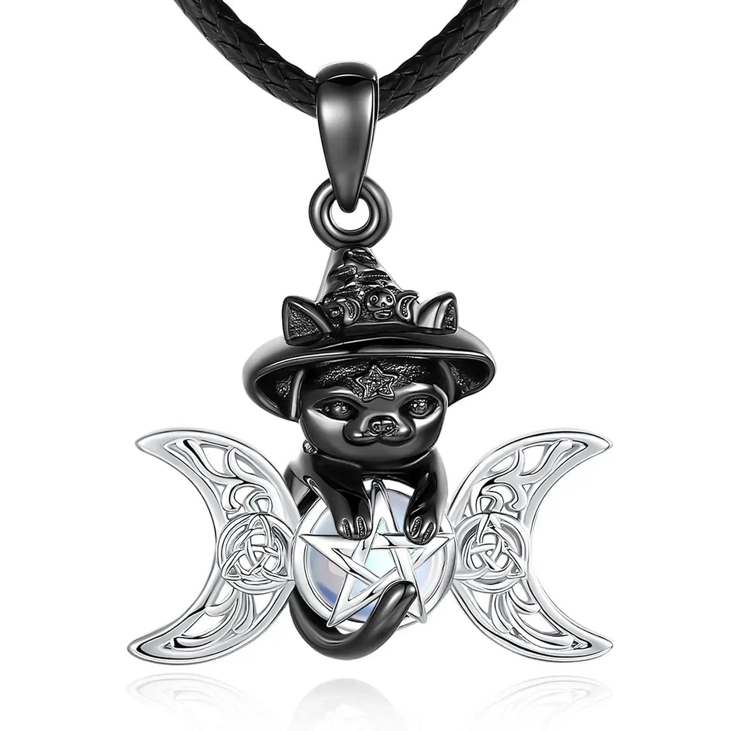 Moonstone Triple Moon Goddess & Pentagram Necklace – Black Cat Wicca Pagan Jewelry-MoonChildWorld