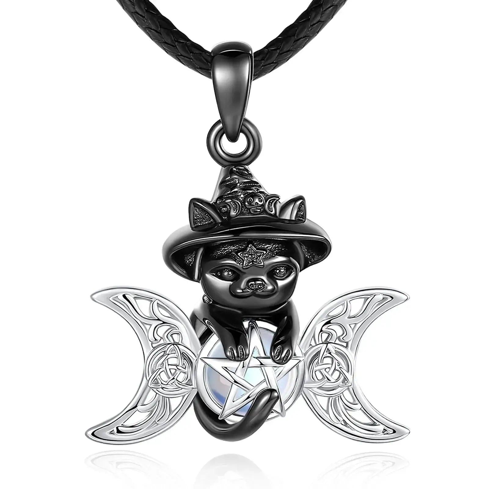 Moonstone Triple Moon Goddess & Pentagram Necklace – Black Cat Wicca Pagan Jewelry-MoonChildWorld