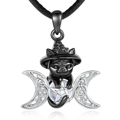 Moonstone Triple Moon Goddess & Pentagram Necklace – Black Cat Wicca Pagan Jewelry-MoonChildWorld