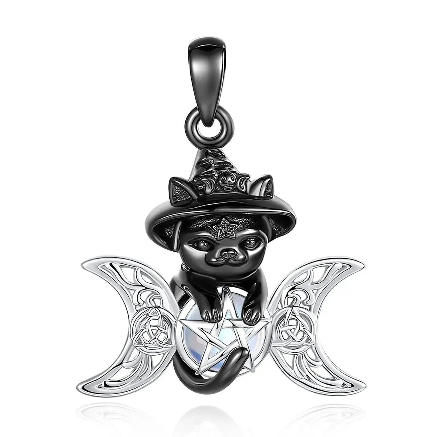 Moonstone Triple Moon Goddess & Pentagram Necklace – Black Cat Wicca Pagan Jewelry-MoonChildWorld
