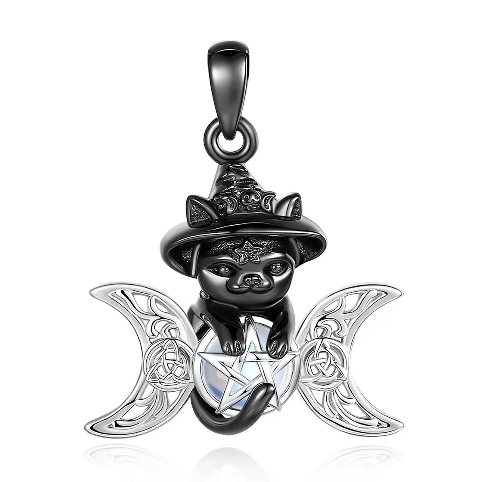 Moonstone Triple Moon Goddess & Pentagram Necklace – Black Cat Wicca Pagan Jewelry-MoonChildWorld