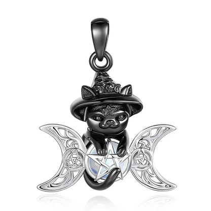Moonstone Triple Moon Goddess & Pentagram Necklace – Black Cat Wicca Pagan Jewelry-MoonChildWorld