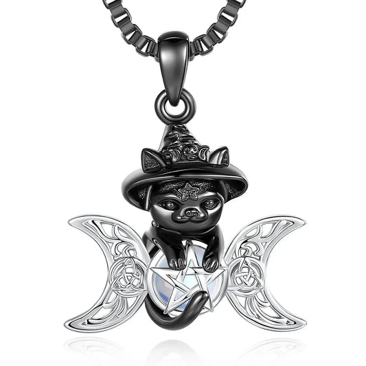 Moonstone Triple Moon Goddess & Pentagram Necklace – Black Cat Wicca Pagan Jewelry