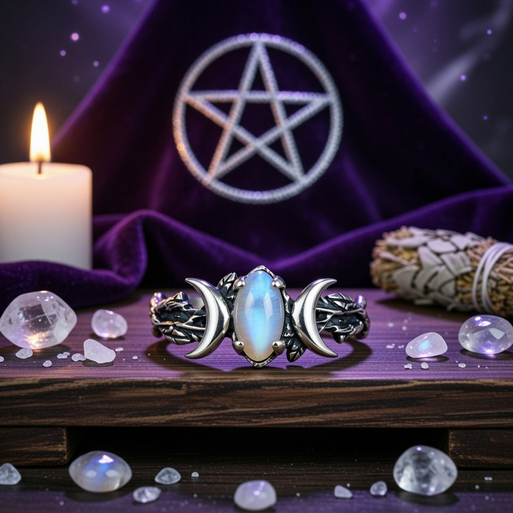 Moonstone Triple Moon Ring for Wiccan Jewelry-MoonChildWorld