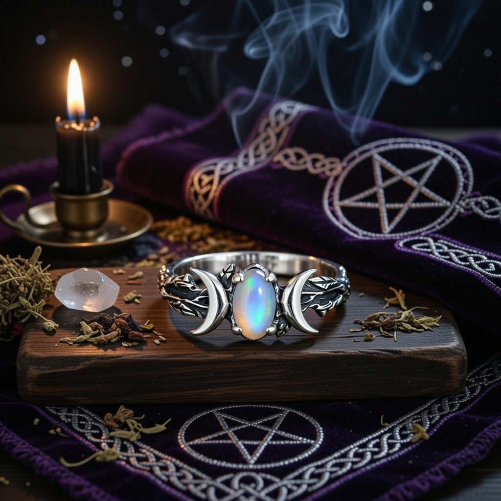 Moonstone Triple Moon Ring for Wiccan Jewelry-MoonChildWorld
