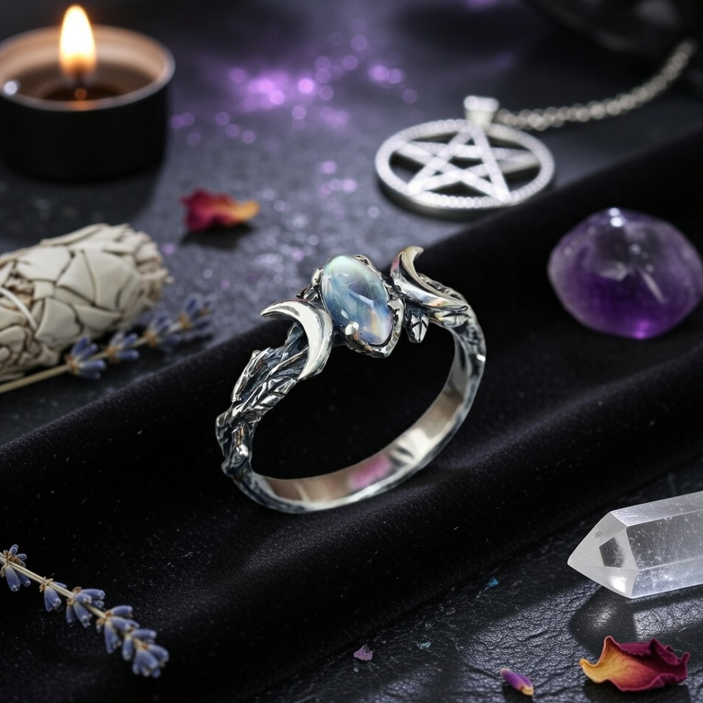 Moonstone Triple Moon Ring for Wiccan Jewelry-MoonChildWorld