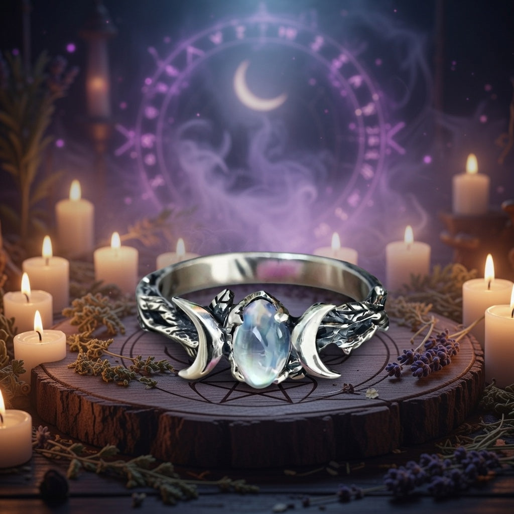 Sterling silver Triple Moon ring with a luminous moonstone crystal, set on a wooden altar with candles.