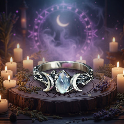 Sterling silver Triple Moon ring with a luminous moonstone crystal, set on a wooden altar with candles.