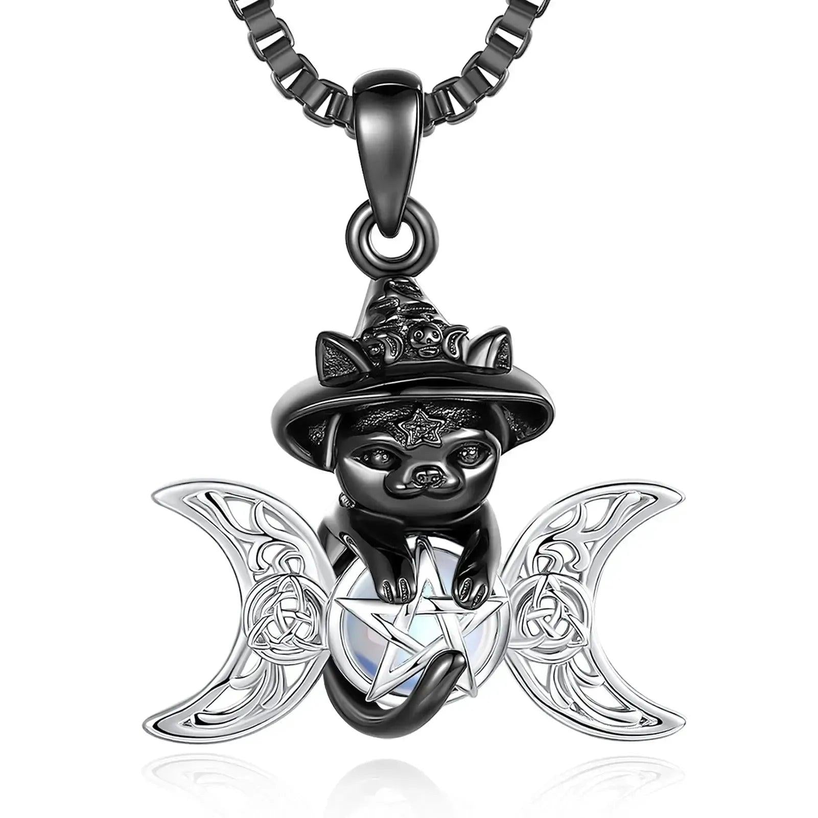 Black sterling silver witchy cat in hat necklace with moonstone pentagram and triple moon.