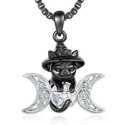 Black sterling silver witchy cat in hat necklace with moonstone pentagram and triple moon.