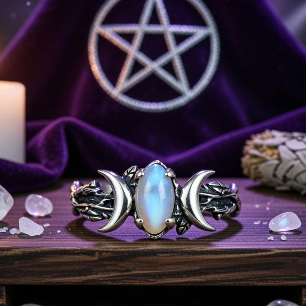 Moonstone Triple Moon Ring for Wiccan Jewelry-MoonChildWorld