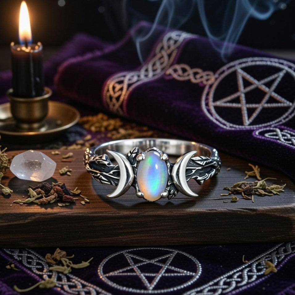 Moonstone Triple Moon Ring for Wiccan Jewelry-MoonChildWorld