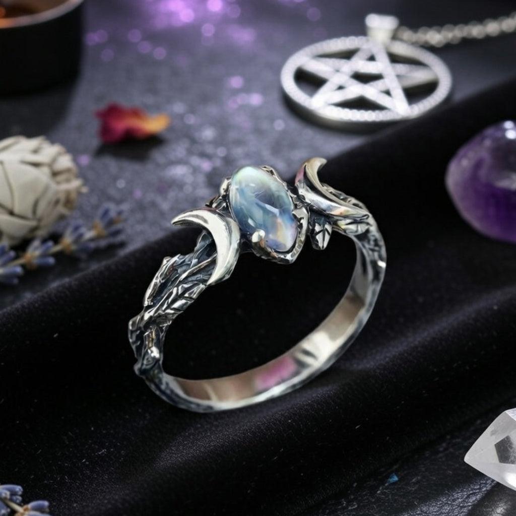 Moonstone Triple Moon Ring for Wiccan Jewelry-MoonChildWorld