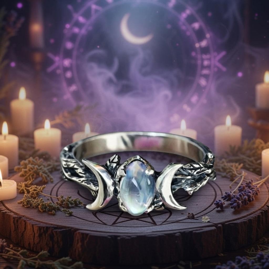 Moonstone Triple Moon Ring for Wiccan Jewelry-MoonChildWorld