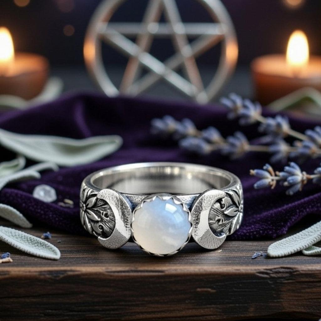 Moonstone Triple Moon Wiccan Ring Pagan Jewelry-MoonChildWorld