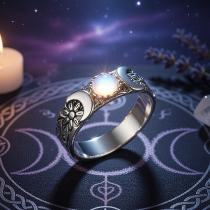 Moonstone Triple Moon Wiccan Ring Pagan Jewelry-MoonChildWorld