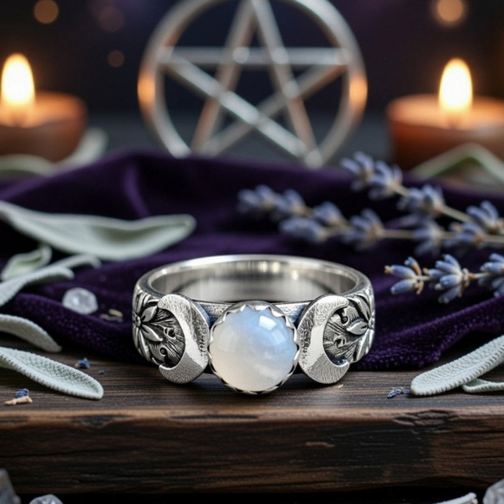 Moonstone Triple Moon Wiccan Ring Pagan Jewelry-MoonChildWorld