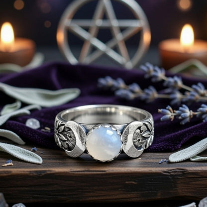 Moonstone Triple Moon Wiccan Ring Pagan Jewelry-MoonChildWorld