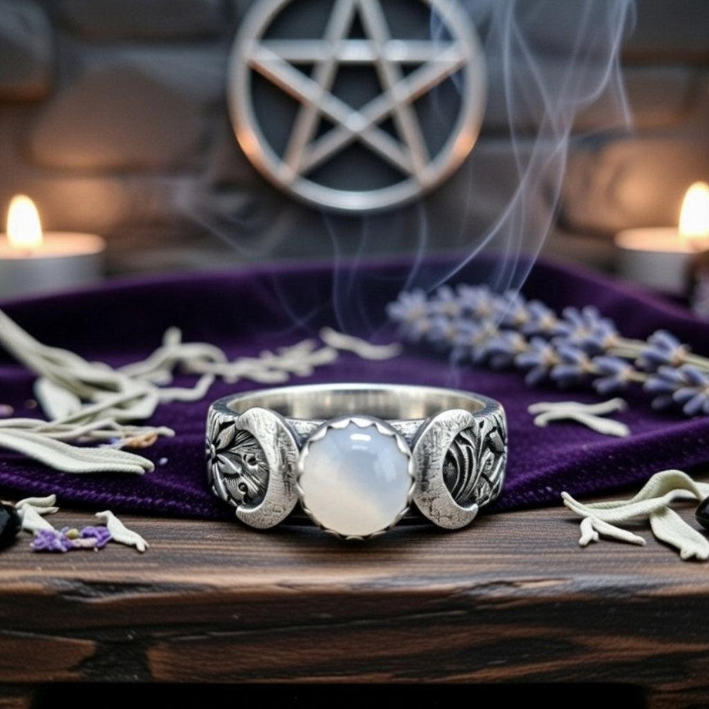 Moonstone Triple Moon Wiccan Ring Pagan Jewelry-MoonChildWorld