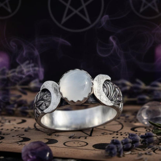Moonstone Triple Moon Wiccan Ring Pagan Jewelry-MoonChildWorld
