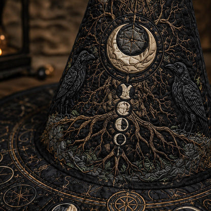 Morrigan Tree Witch Hat – Raven Moon Celtic Pagan Wide Brim Hat – styled with candles and crystals