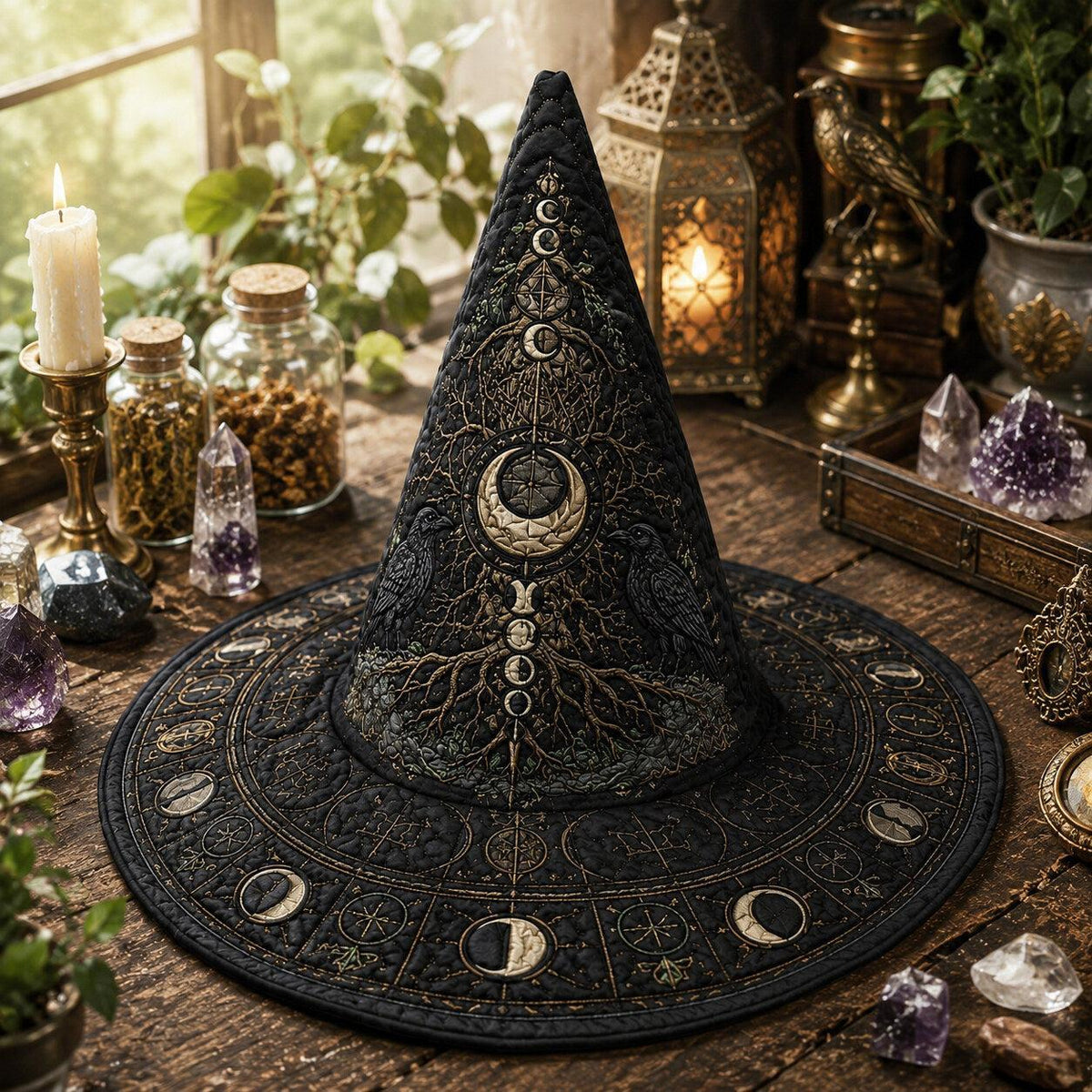 Morrigan Tree Witch Hat – Raven Moon Celtic Pagan Wide Brim Hat – on an altar table