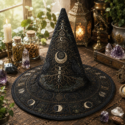 Morrigan Tree Witch Hat – Raven Moon Celtic Pagan Wide Brim Hat – on an altar table