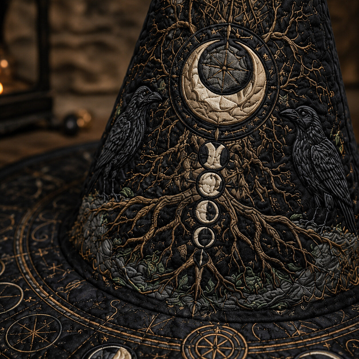 Morrigan Tree Witch Hat – Raven Moon Celtic Pagan Wide Brim Hat – styled with candles and crystals