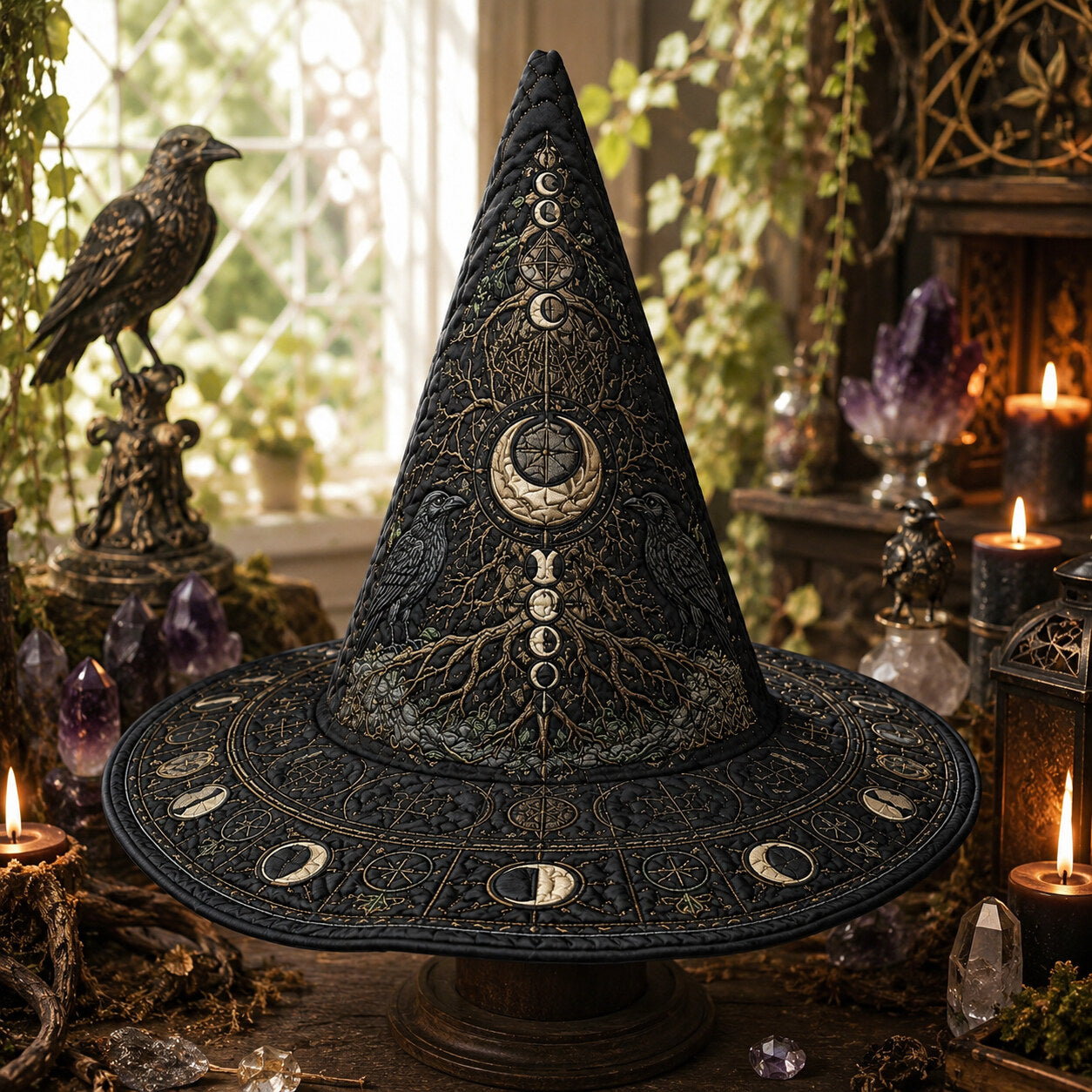 Morrigan Tree Witch Hat – Raven Moon Celtic Pagan Wide Brim Hat – worn, front view