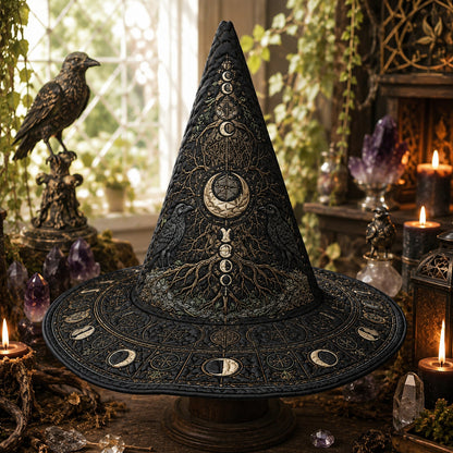 Morrigan Tree Witch Hat – Raven Moon Celtic Pagan Wide Brim Hat – worn, front view