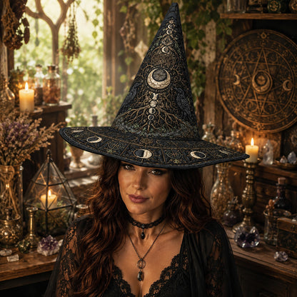 Morrigan Tree Witch Hat – Raven Moon Celtic Pagan Wide Brim Hat – quilting and print detail