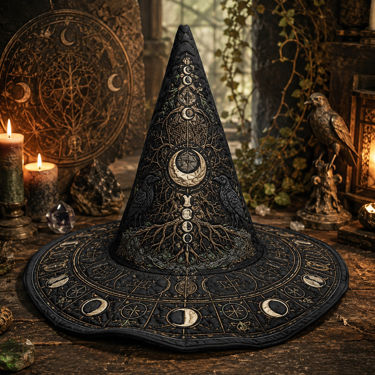 Morrigan Tree Witch Hat – Raven Moon Celtic Pagan Wide Brim Hat – held in both hands