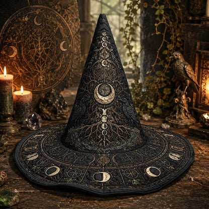Morrigan Tree Witch Hat – Raven Moon Celtic Pagan Wide Brim Hat – held in both hands