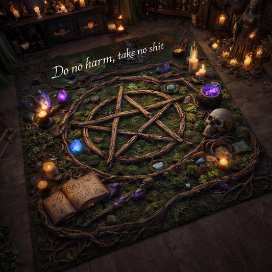 Green Element Pentagram Area Rug with a rustic branch design, surrounded by candles and occult decor.