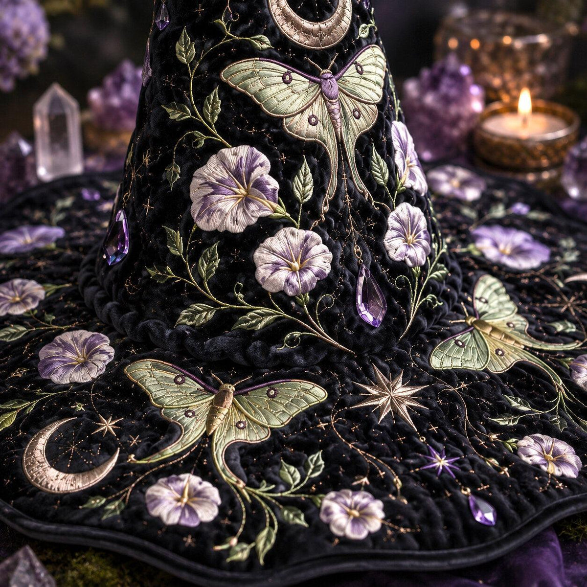 Moth Moonflower Witch Hat – Luna Moth Celestial Wide Brim Hat – held in both hands